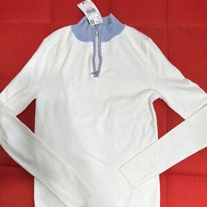 Mango White and Light Blue Sweater